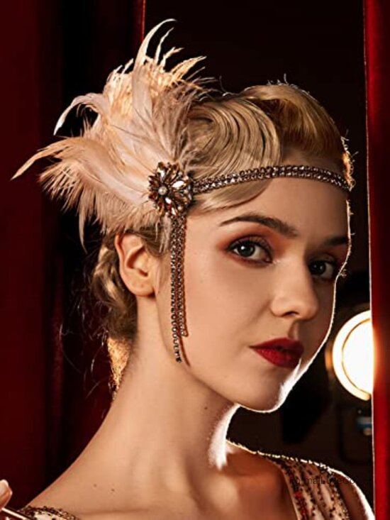 Vintage Flapper Headband with Rhinestone and Feathers for Gatsby Party Costume